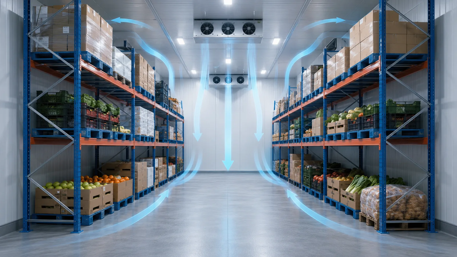 Organised cold storage racks showing clear airflow paths
