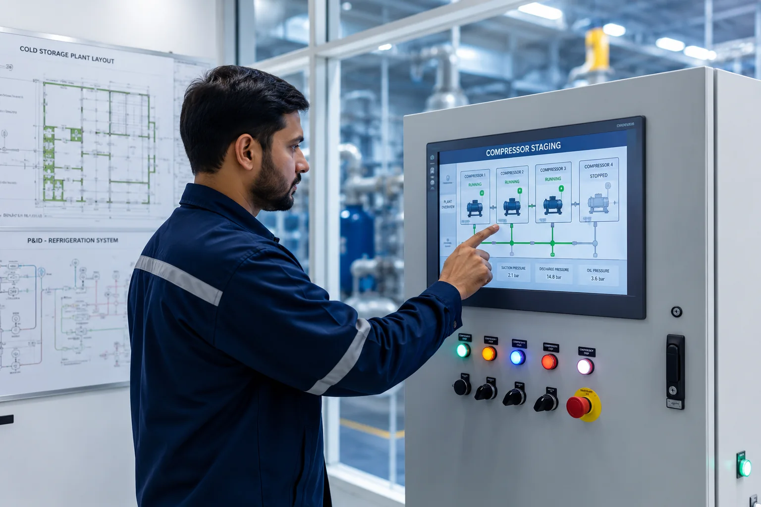 Control room monitoring industrial cold storage refrigeration systems